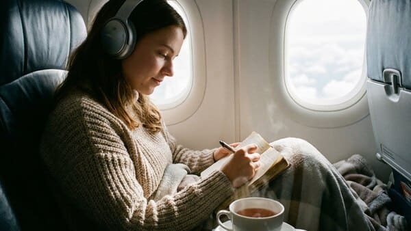 Person schreibt entspannt im Flugzeug mit Kopfhörern.