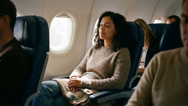 Ruhige Person sitzt entspannt im Flugzeug mit geschlossenen Augen.