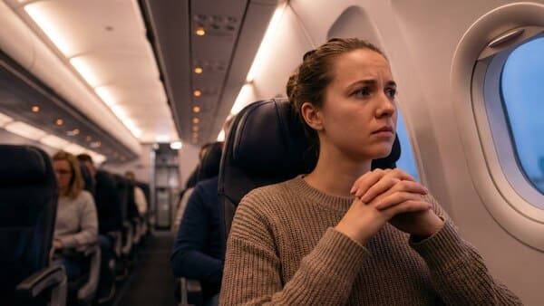 Nachdenkliche Person im Flugzeug mit angespanntem Gesichtsausdruck.