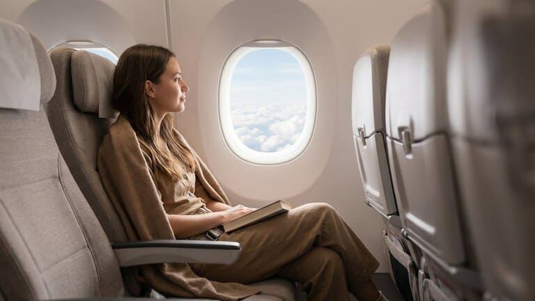 Entspannte Person sitzt am Flugzeugfenster und blickt ruhig in den Himmel während eines Fluges.