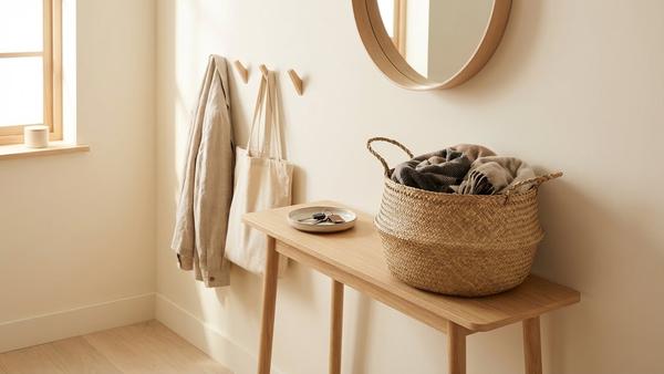 Flur mit Wandhaken, Korb für Kleinkram und Schlüsselschale auf einer schmalen Ablage.