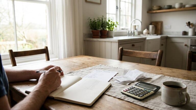Hände am Tisch mit Budget-Notizbuch, Einkaufszettel, Kassenbons und Taschenrechner in warmem Tageslicht.