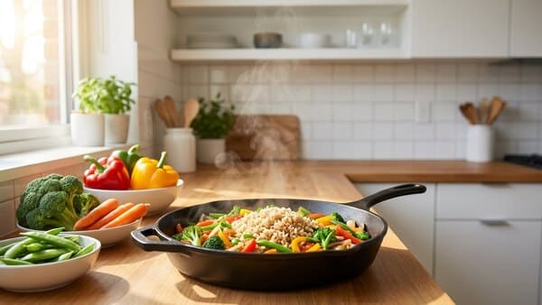 Einfache Gemüsepfanne mit Reis für den Alltag