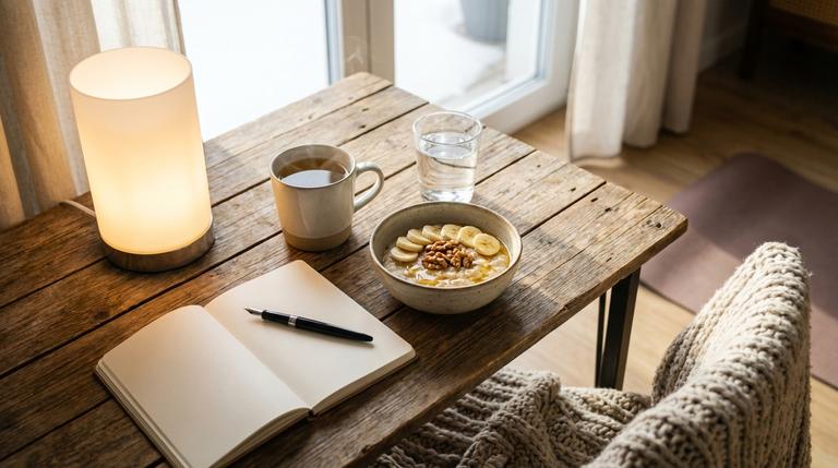 Wintermorgen-Szene mit Tee, Wasser, Porridge, Notizbuch und Tageslichtlampe am Fenster