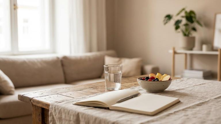 Heller Tisch am Morgen mit Wasserglas, Notizbuch und Obst als Symbol für einfache gesunde Routinen im Alltag