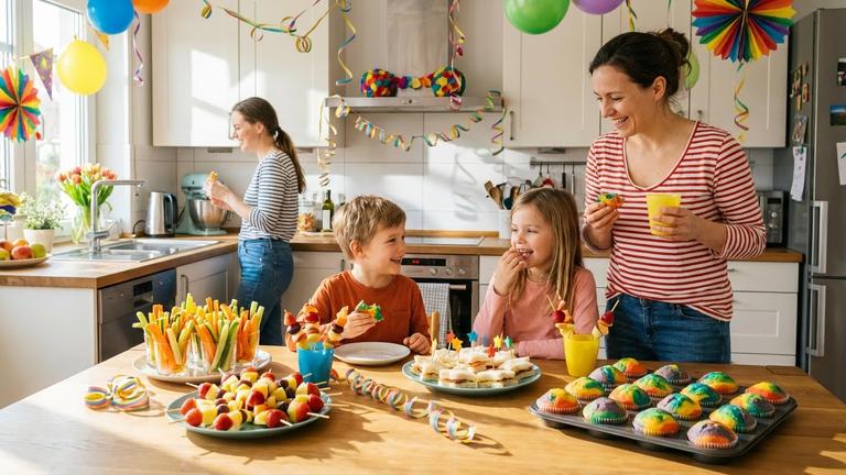 Bunte Auswahl an gesunden und zuckerfreien Snacks für Kinder an Fasching
