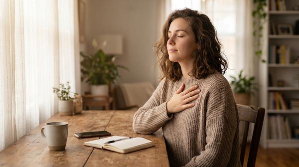 Person sitzt am Schreibtisch, legt eine Hand auf den Bauch und atmet bewusst, daneben ein Notizbuch und ein umgedrehtes Handy.