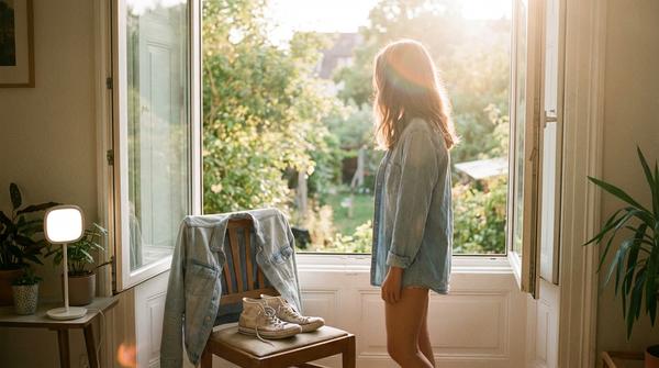 Person steht am offenen Fenster im Morgenlicht, daneben Schuhe und Jacke als Hinweis auf einen kurzen Spaziergang.