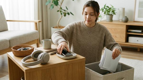 Hand legt ein Handy in eine Ablage und räumt eine kleine Tischfläche auf, Kopfhörer liegen daneben.