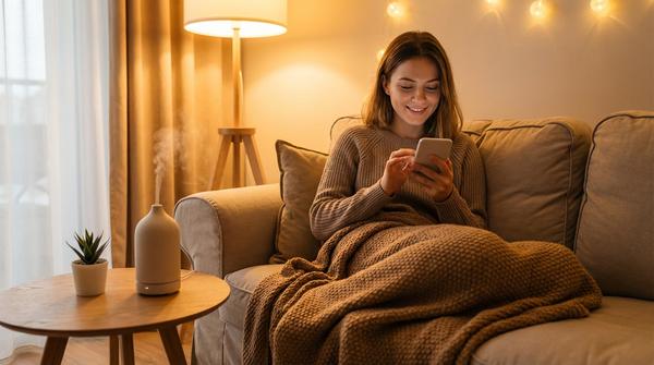 Person sitzt mit Decke auf dem Sofa und schreibt eine kurze Nachricht, auf dem Tisch steht ein Diffuser und eine Pflanze.