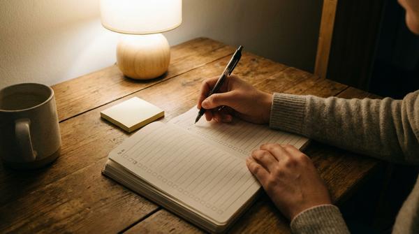 Offenes Notizbuch auf dem Tisch, Hände schreiben mit einem Stift, daneben Klebezettel und ruhiges Licht.