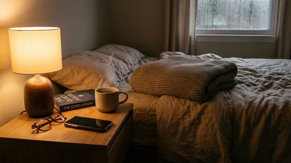 Nachttisch mit warmem Licht, Buch und Tee, Handy liegt umgedreht, daneben Blaulichtbrille und eine gefaltete Gewichtsdecke auf dem Bett.