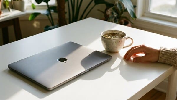 Ein zugeklappter Laptop auf einem Schreibtisch, daneben steht eine dampfende Tasse Tee.