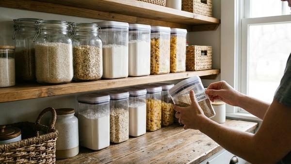 Du siehst luftdichte Vorratsbehälter mit Grundzutaten und eine Person, die einen Behälter beschriftet.
