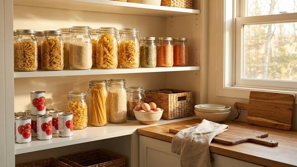 Du siehst eine Auswahl an Grundzutaten wie Nudeln, Reis, Hülsenfrüchte und Tomaten für mehrere Gerichte.