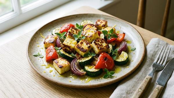 Goldener Halloumi mit geröstetem Gemüse in einer Schale, garniert mit Kräutern und Zitrone.