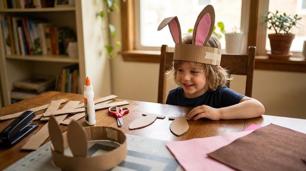 Kind trägt ein selbstgebasteltes Hasenohren-Stirnband aus Pappe und Filz am Basteltisch