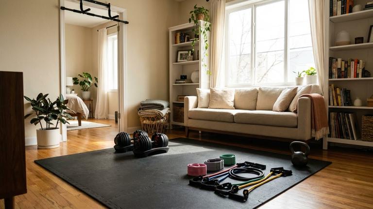 Gemütliche Homegym-Ecke im Wohnzimmer mit Trainingsmatte, Kurzhanteln, Widerstandsbändern, Kettlebell und Klimmzugstange.