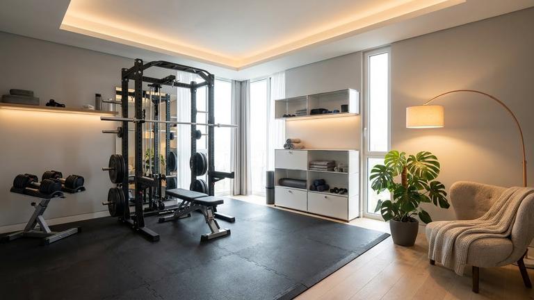 Heller Homegym-Raum mit Hantelbereich, ordentlicher Ablage und warmer Beleuchtung