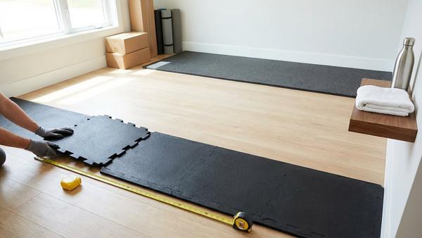 Hände verlegen Gummibodenmatten im Homegym, freie Mitte und feste Gerätezone erkennbar