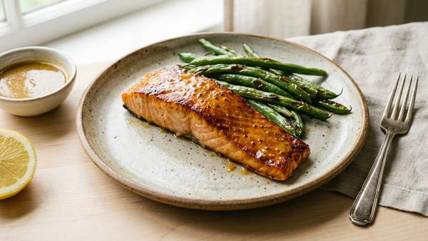 Glasierter Honig-Senf-Lachs mit gerösteten grünen Bohnen auf einem hellen Teller.