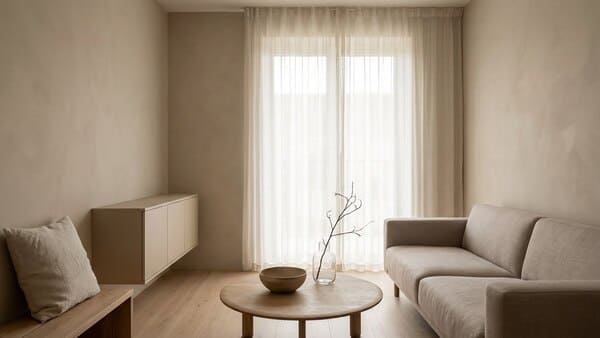 Japandi Einrichtung in kleinem Raum mit Naturtönen, niedrigen Möbeln und wenigen hochwertigen Accessoires