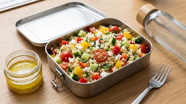 Offene Lunchbox mit Couscous-Salat und Feta, daneben ein kleines verschlossenes Döschen mit Dressing und eine Gabel.
