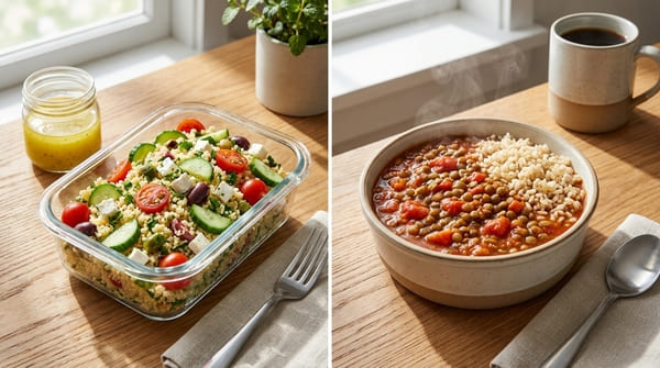 Kalter Salat-Lunch und warmes Meal-Prep-Gericht in zwei unterschiedlichen Büro-Lunchboxen