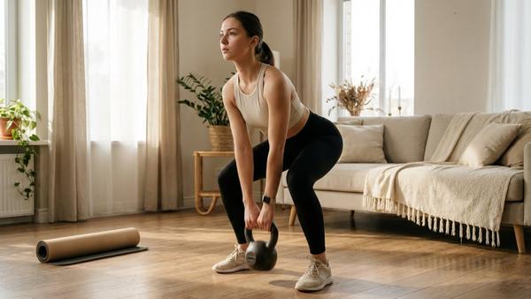 Person macht zuhause einen Kettlebell-Deadlift im Wohnzimmer mit sauberer Haltung.