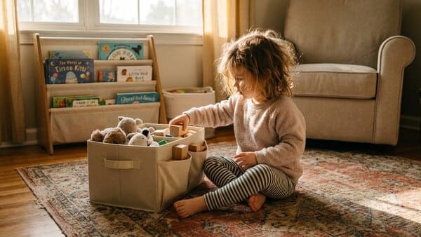 Kind räumt Spielzeug langsam und selbstständig auf