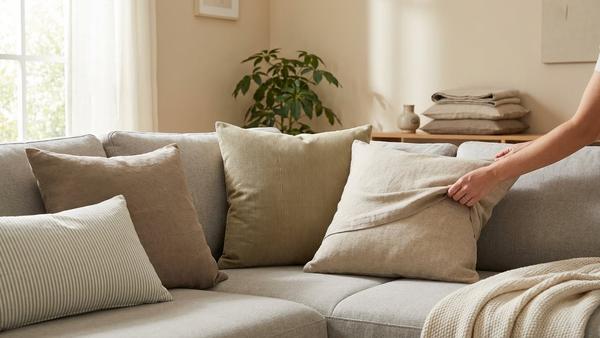 Hand wechselt eine Kissenhülle auf einem Sofa mit Leinen- und Cordkissen sowie einem dezenten Musterkissen in Beige-Salbei-Tönen.