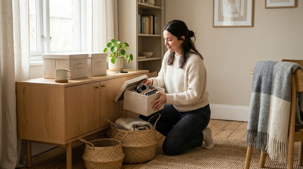 Kleiner Raum mit hellem Sideboard, geschlossenen Aufbewahrungsboxen und Körben für mehr Ordnung