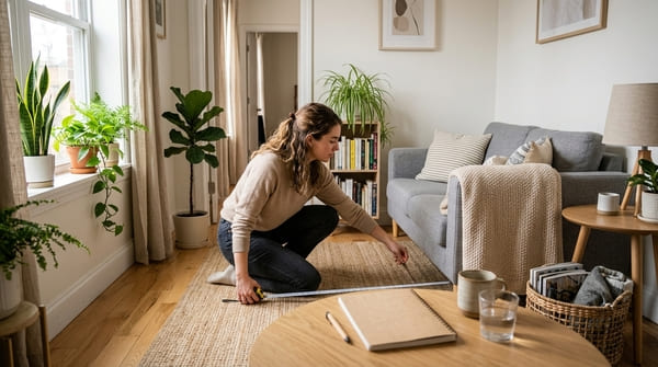 Person misst ein kleines Wohnzimmer mit Maßband aus und plant die Einrichtung mit schlanken Möbeln