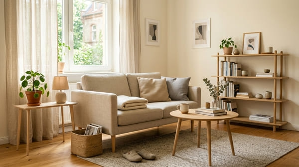 Kleines Wohnzimmer mit Sofa auf schlanken Beinen, leichtem Couchtisch und hellen Möbeln
