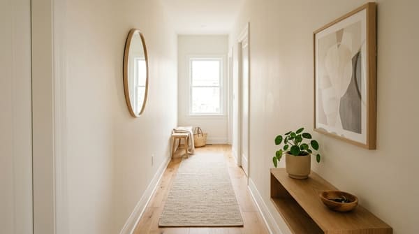 Kleiner heller Flur mit Spiegel, schmalem Teppichläufer, Pflanze und dezenter Wanddeko