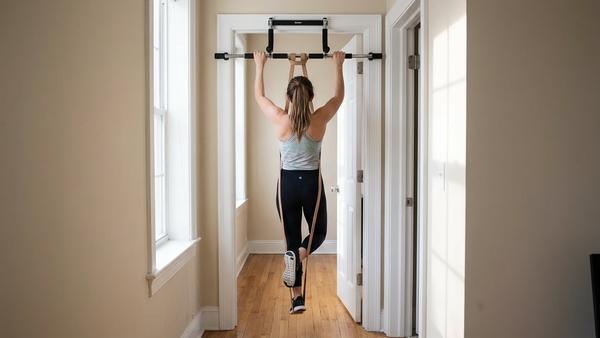 Klimmzugstange im Türrahmen: Person macht einen unterstützten Klimmzug mit Widerstandsband.