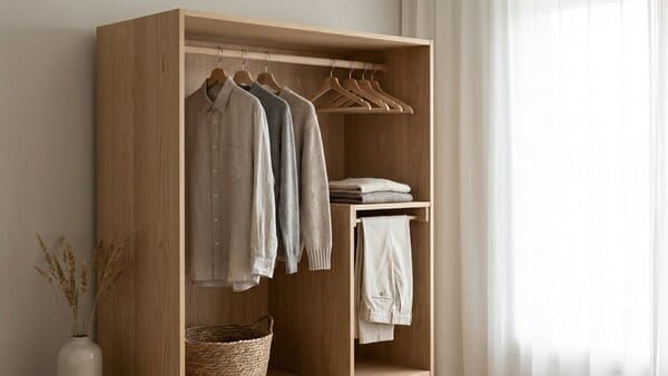 Wenige ausgewählte Kleidungsstücke in einem minimalistischen Schrank