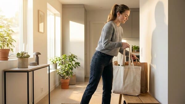 Person trägt Einkaufstaschen aufrecht in die Küche und nutzt den Alltag als Krafttraining.