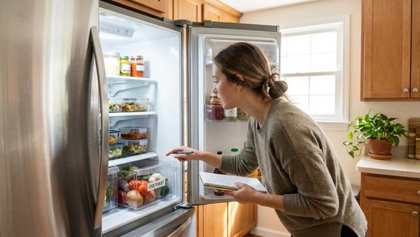 Du siehst einen geöffneten Kühlschrank mit einer Box für Lebensmittel, die zuerst wegmüssen, und einem Notizblock.