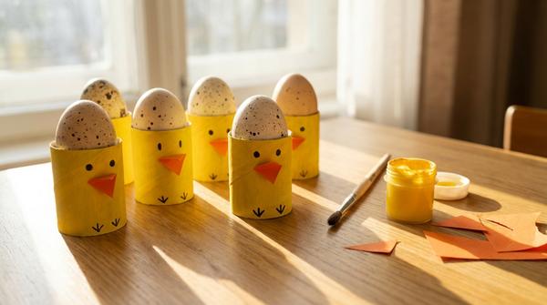 Gelb bemalte Klorollen-Küken dienen als Eierbecher auf dem Frühstückstisch