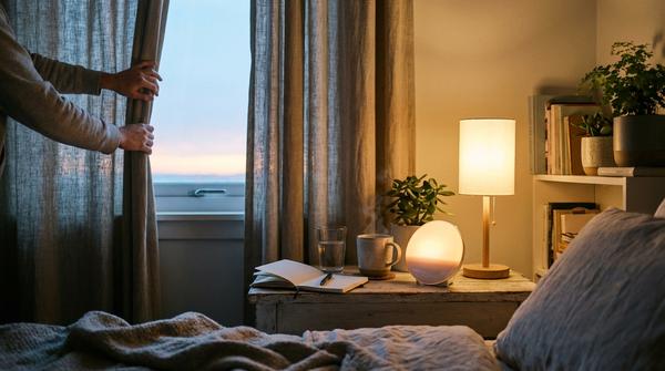 Vorhänge werden geöffnet, Tageslichtlampe leuchtet, Wasser und Notizbuch liegen bereit