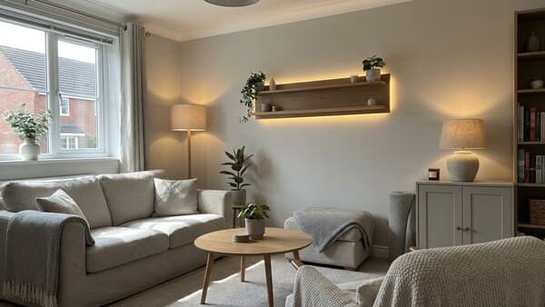 Kleiner Raum mit mehreren Lichtquellen wie Stehlampe, Tischlampe und indirektem Licht