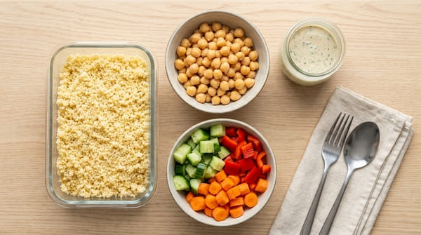 Getrennt angeordnete Meal-Prep-Bausteine mit Reis, Kichererbsen, Gemüse und Dressing