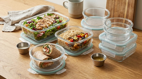 Mehrere stapelbare Meal-Prep-Boxen aus Glas und kleine Dressingbehälter auf einem Küchentisch
