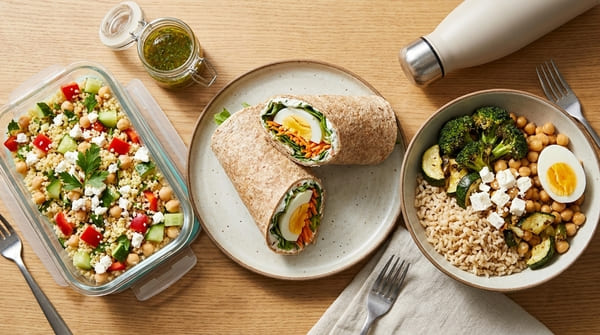 Drei vorbereitete Büro-Lunches mit Couscous-Box, Wrap und Restebowl auf einem Tisch