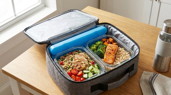 Isolierte Lunchtasche mit vorbereiteten Lunchboxen und flachem Kühlakku für das Büro