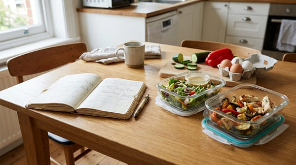 Wochenplanung für Büro-Meal-Prep mit Notizbuch, Stift und zwei vorbereiteten Lunchboxen