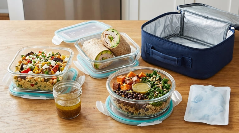 Mehrere vorbereitete Büro-Lunchboxen mit Couscous, Wrap und Gemüse neben einer isolierten Lunchtasche