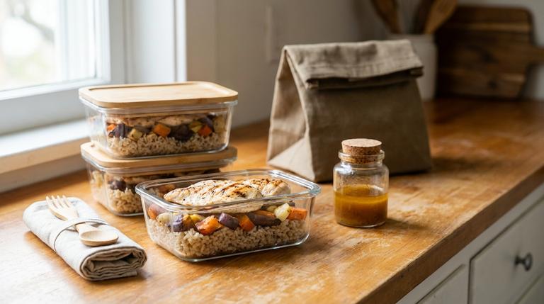Mehrere vorbereitete Büro-Lunchboxen aus Glas mit Reis, Gemüse und Protein auf einer Küchenarbeitsfläche, daneben ein kleines Soßenglas und Besteck.