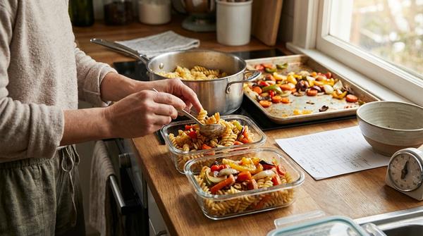 Hände portionieren Nudeln und Ofengemüse in Glasboxen auf einer Küchenarbeitsfläche, daneben Topf und Blech.